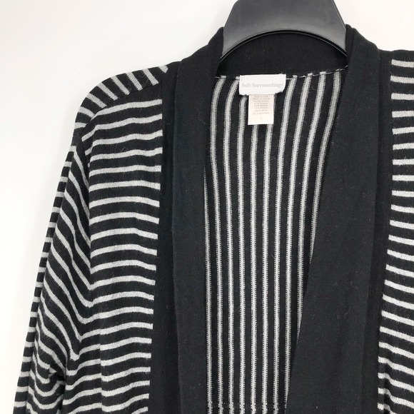 Soft Surroundngs Womens Cardigan Sweater Large Cashmere Angora Knit Black Stripe - Picture 2 of 6